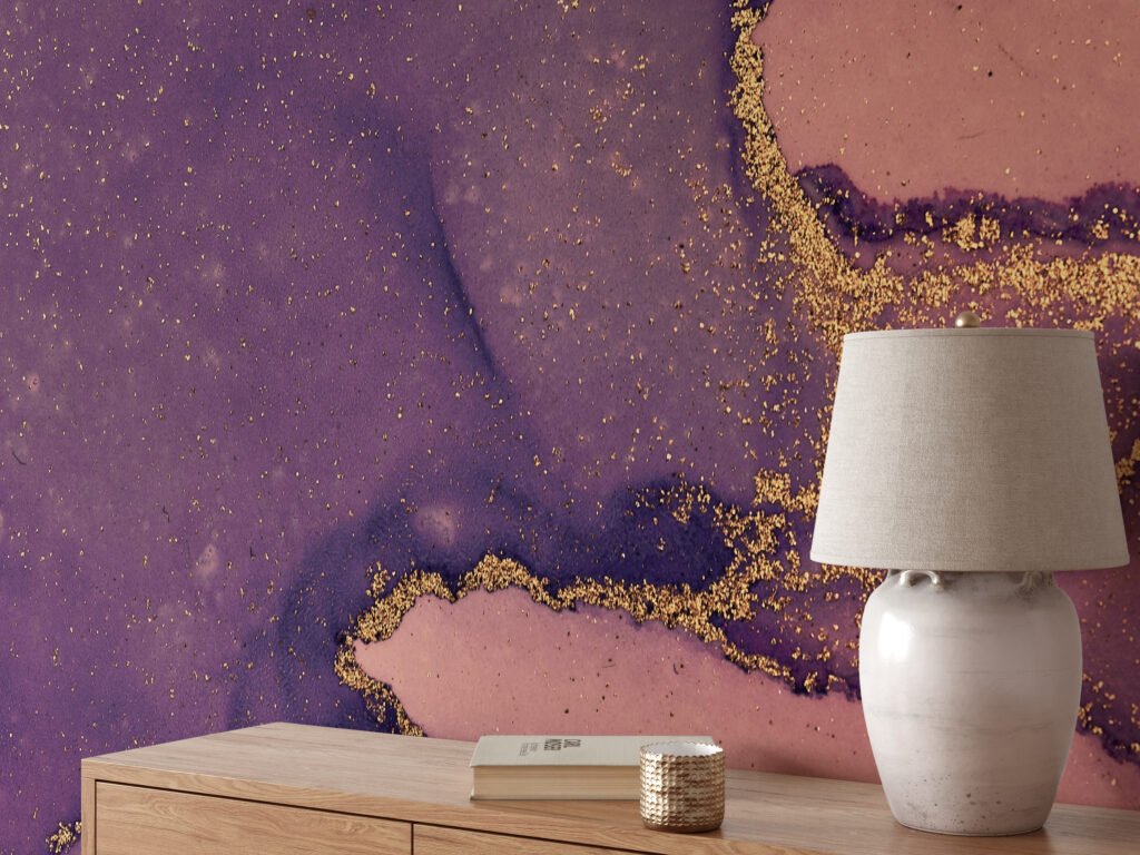 Dark Purple And Peach Gold Alcohol Ink Art Marble Wallpaper, Luxurious Purple and Gold Abstract Peel & Stick Wall Mural