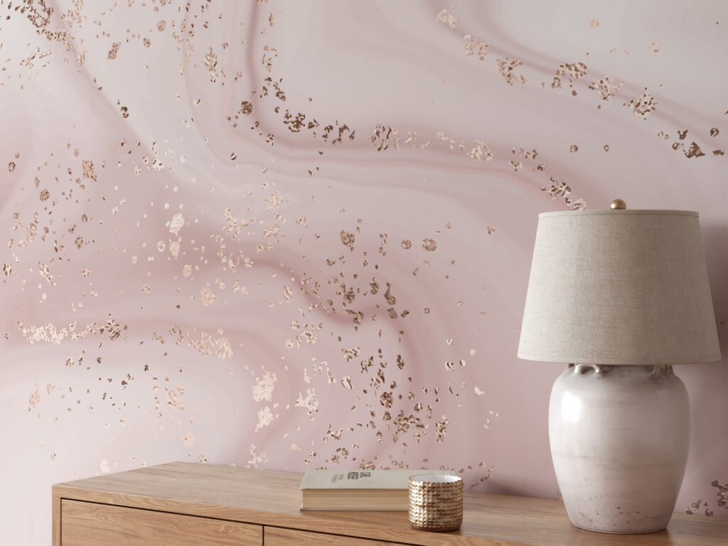 Nude Rose Gold Wavy Marble Effect Wallpaper, Whispering Blush Marble Peel & Stick Wall Mural