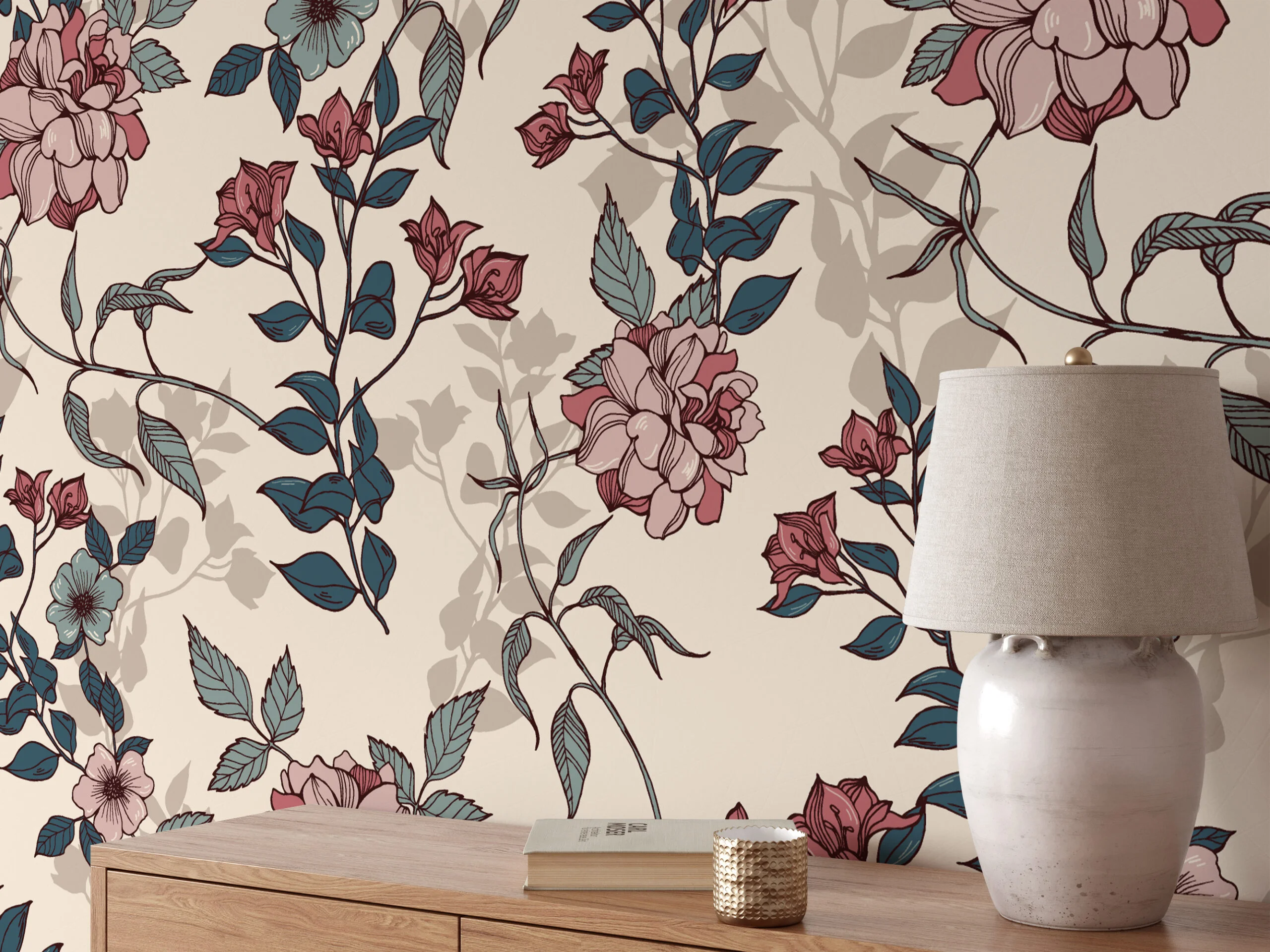 Vintage Flowers Illustration Pattern Wallpaper, Vintage Floral Charm Peel & Stick Wall Mural