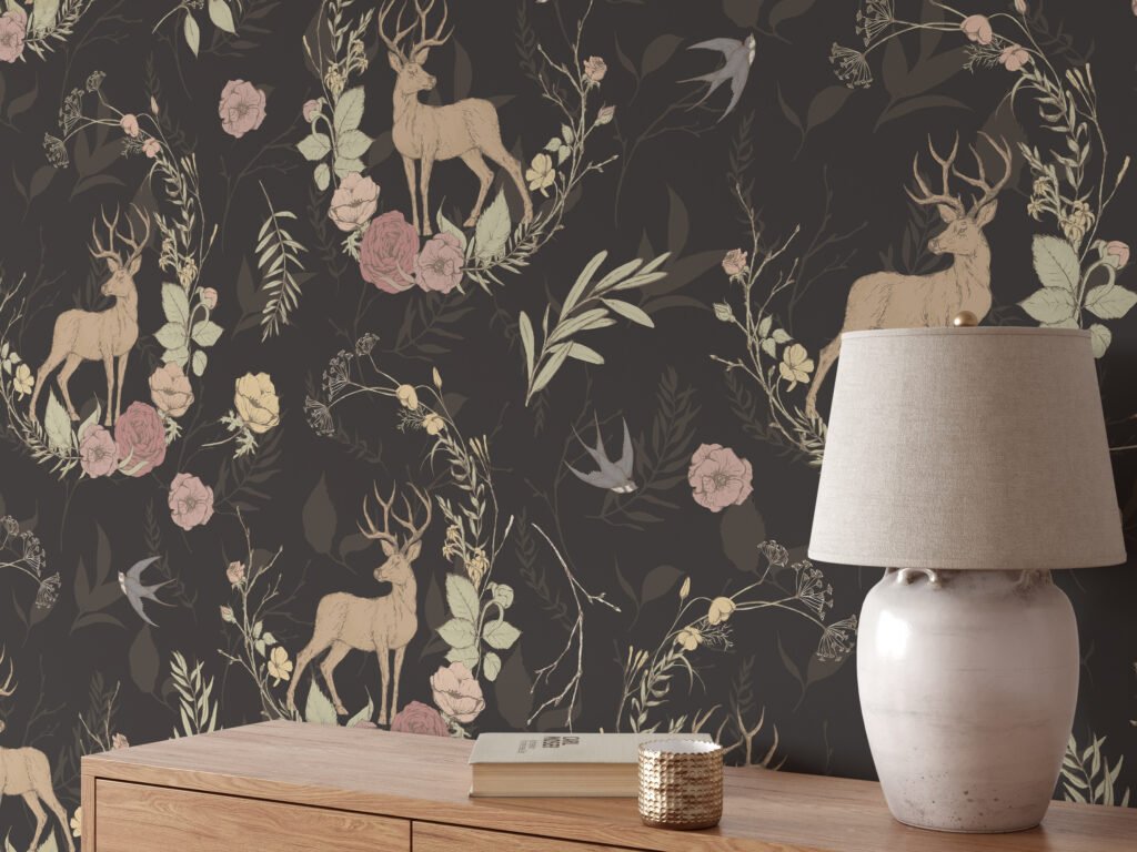Vintage Floral Design With Reindeers Illustration Wallpaper, Enchanted Forest Peel & Stick Wall Mural