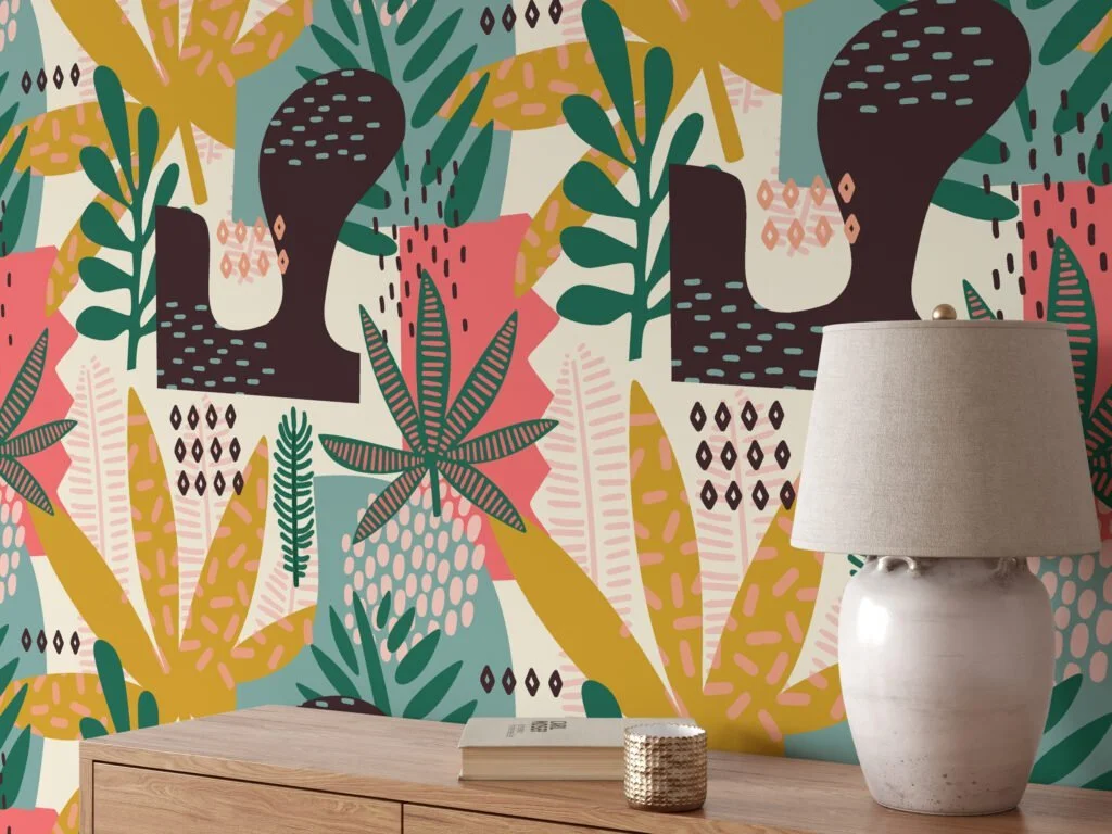 Abstract Tropical Leaves And Shapes Flat Art Design Wallpaper, Jungle Motif Design Peel & Stick Wall Mural