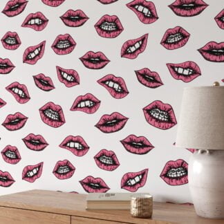 Retro Cartoon Mouths Illustration Wallpaper, Pink Lips Pattern Wallpaper, Line Art Kisses Peel and Stick Wall Mural
