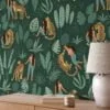 Green Leaves With Leopards And Girl Illustration Wallpaper, Wild Nature-Inspired Decor Peel & Stick Wall Mural