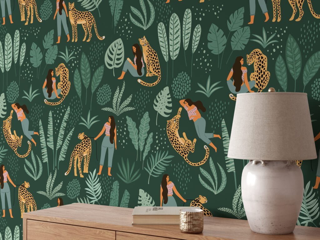 Green Leaves With Leopards And Girl Illustration Wallpaper, Wild Nature-Inspired Decor Peel & Stick Wall Mural