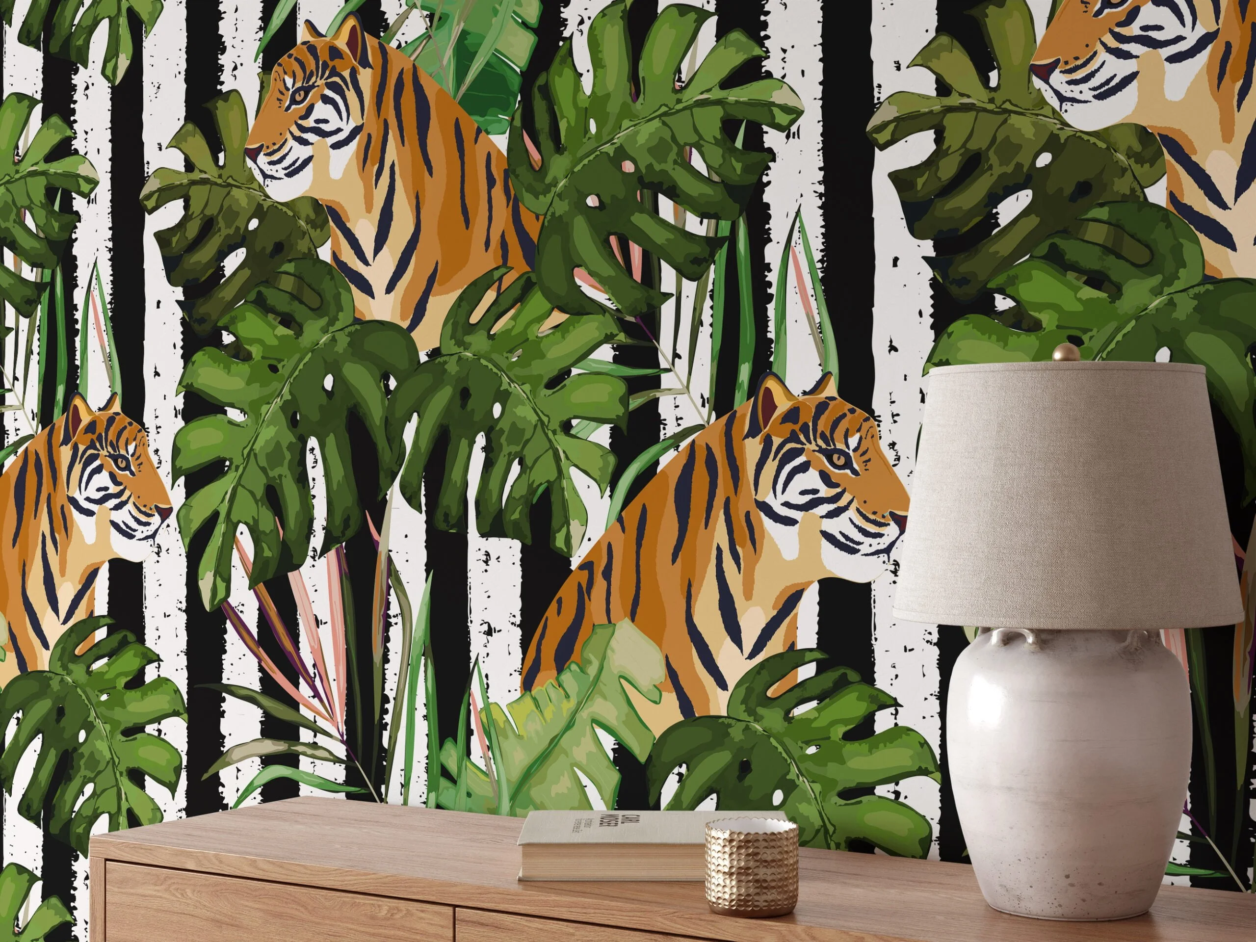 Tiger Illustration With Tropical Monstera Leaves Wallpaper, Majestic Tiger in Jungle Peel & Stick Wall Mural
