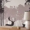 Abstract Nature Wallpaper With Trees and Deers Silhouette, Tranquil Nature Scene Peel & Stick Wall Mural