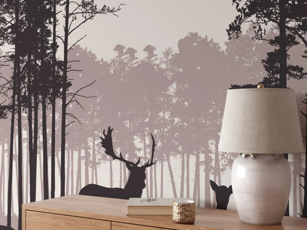 Abstract Nature Wallpaper With Trees and Deers Silhouette, Tranquil Nature Scene Peel & Stick Wall Mural