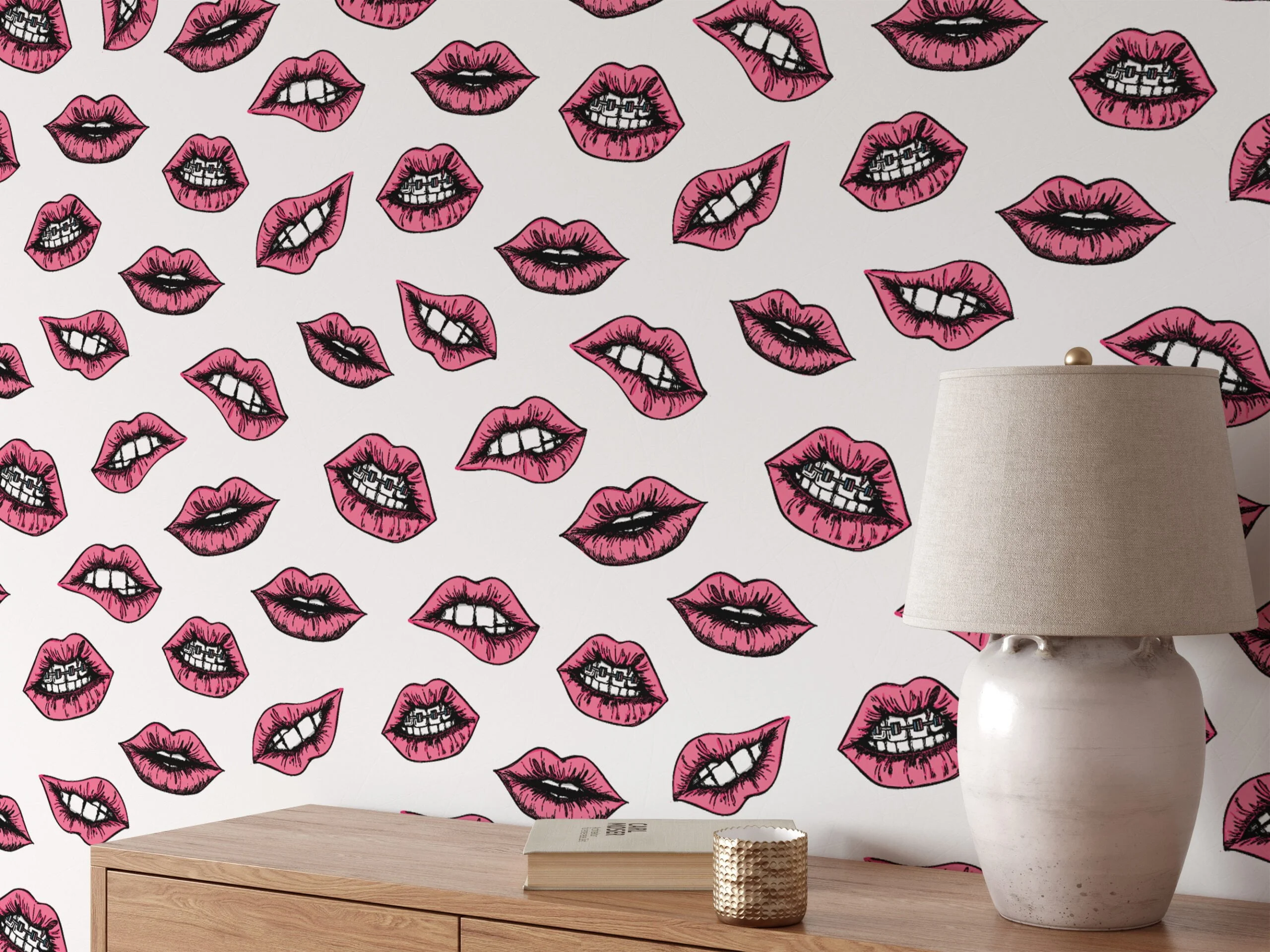 Retro Cartoon Mouths Illustration Wallpaper, Pink Lips Pattern Wallpaper, Line Art Kisses Peel and Stick Wall Mural