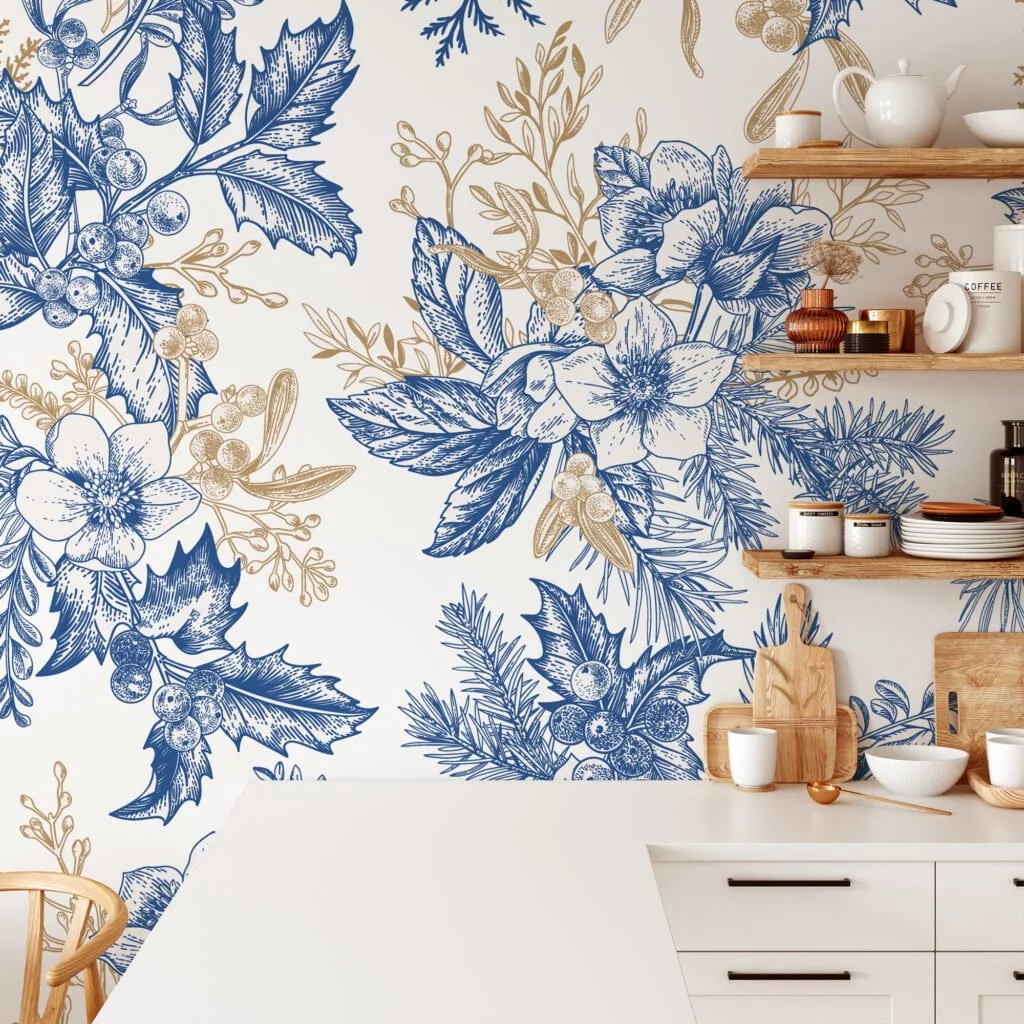 Vintage Blue And Beige Flowers And Berries Wallpaper, Art Deco Elegance Peel & Stick Wall Mural