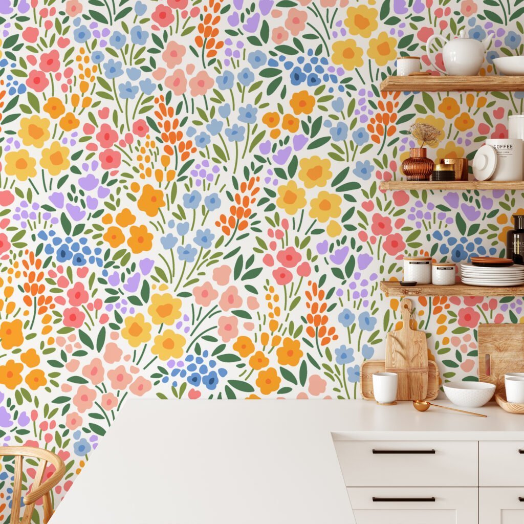 Flat Art Colorful Small Flower Pattern Illustration Wallpaper, Vibrant Floral Garden Peel & Stick Wall Mural