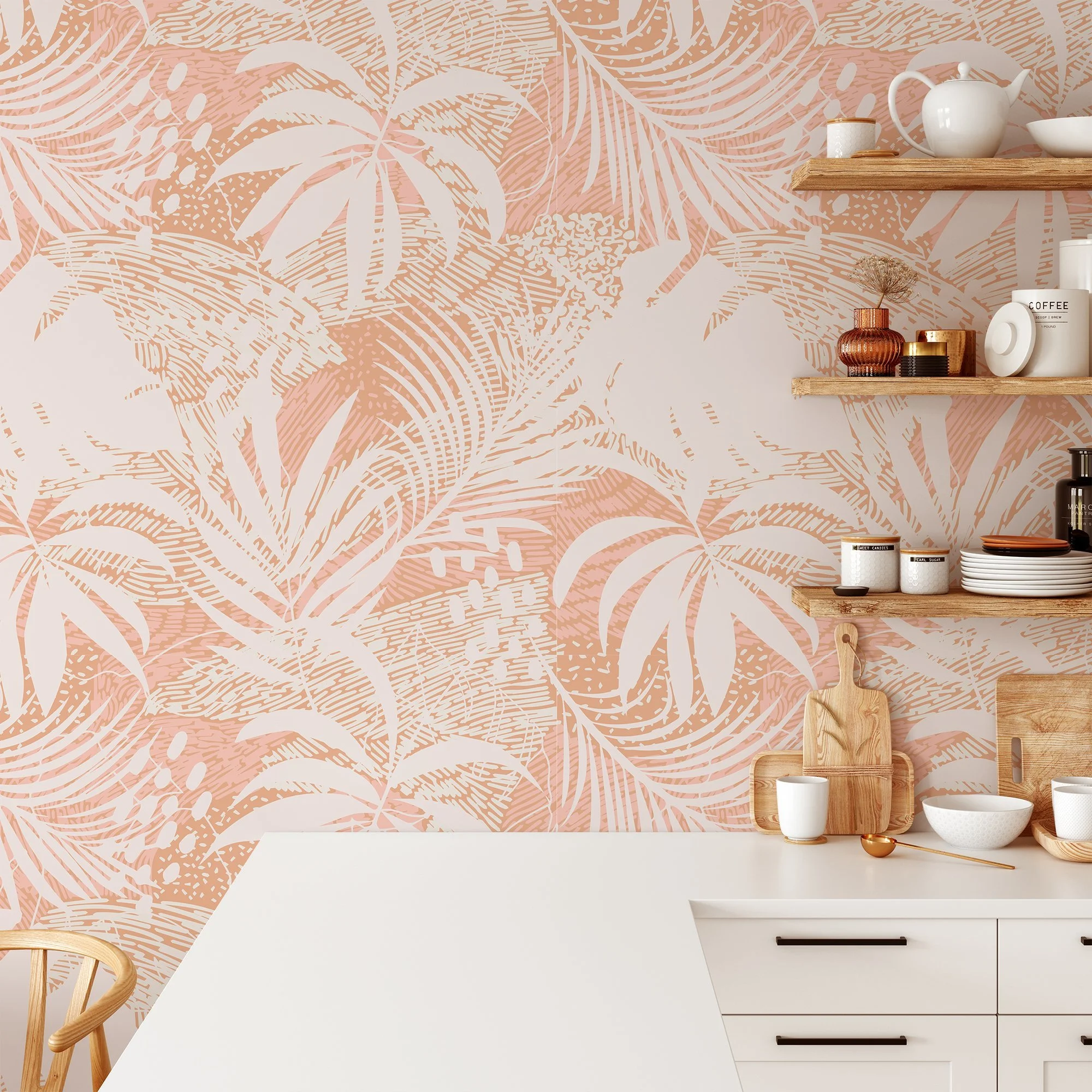 Peach Large Tropical Palm Leaf Silhouette Illustration Wallpaper, Modern Chic Peel & Stick Wall Mural