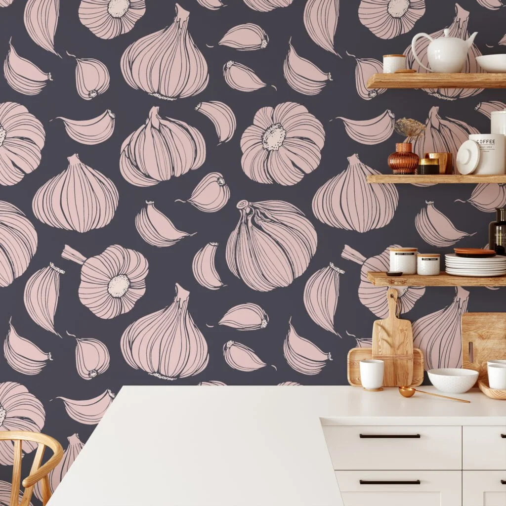 Garlic Vegetable Illustration Pattern Wallpaper, Modern Kitchen Chic Peel & Stick Wall Mural