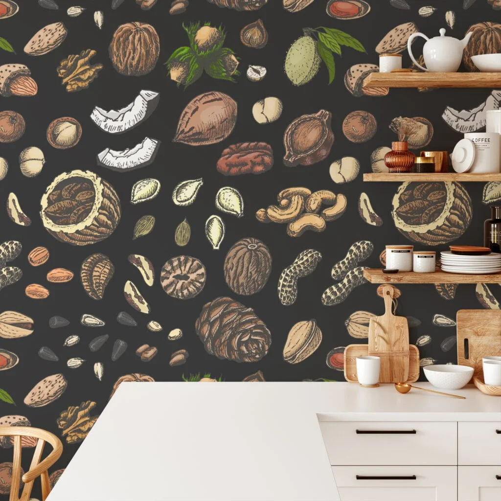 Nuts And Seeds Hand Drawn Illustration Wallpaper, Rustic Kitchen Elegance Peel & Stick Wall Mural