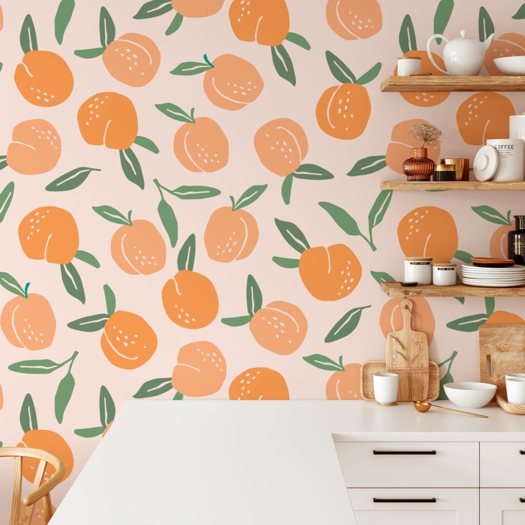 Flat Art Peaches Design Wallpaper, Peaches On Pastel Canvas Peel & Stick Wall Mural