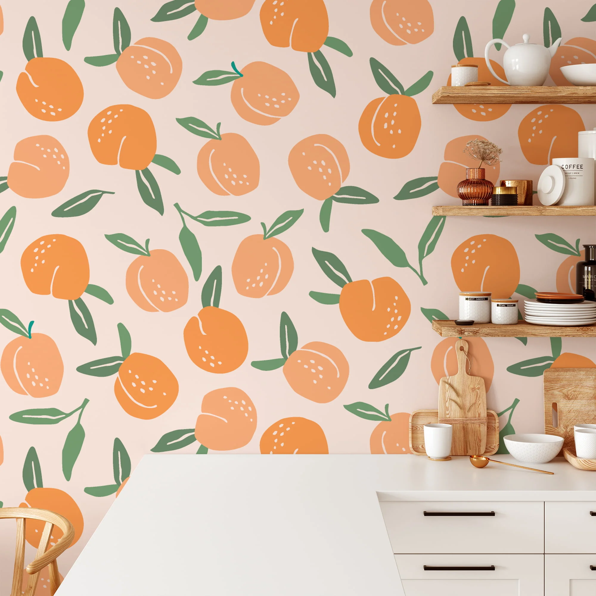 Flat Art Peaches Design Wallpaper, Peaches On Pastel Canvas Peel & Stick Wall Mural