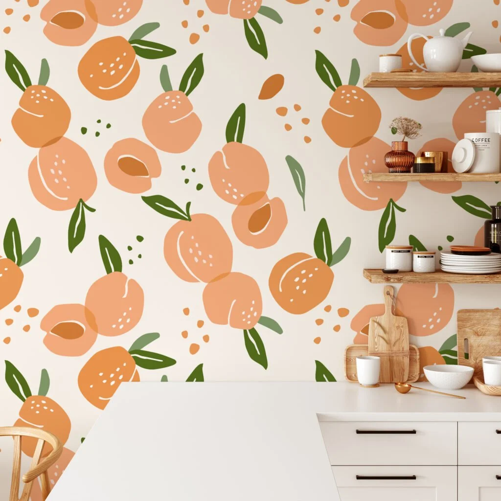 Flat Art Peaches Pattern Illustration Wallpaper, Sweet Apricot Orchard Peel & Stick Wall Mural