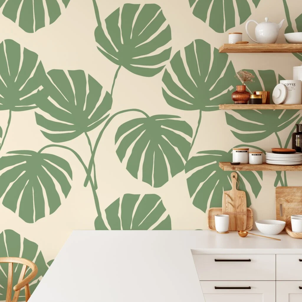 Abstract Green Monstera Leaves Illustration Wallpaper, Timeless Green Leaf Peel & Stick Wall Mural