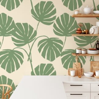 Abstract Green Monstera Leaves Illustration Wallpaper, Timeless Green Leaf Peel & Stick Wall Mural