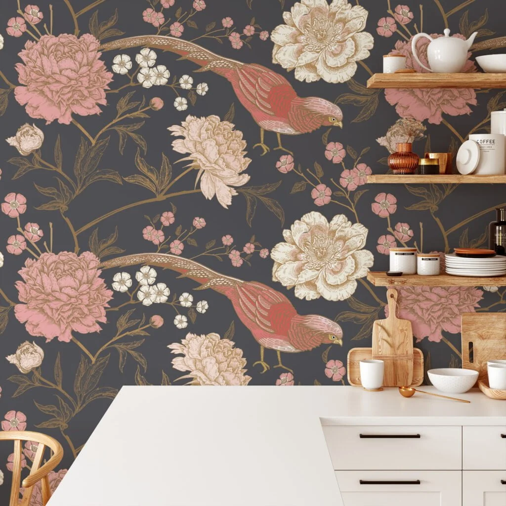 Traditional Style Floral Wallpaper With Rose Pink Birds and A Dark Background Wallpaper, Vintage Elegant Peel & Stick Wall Mural