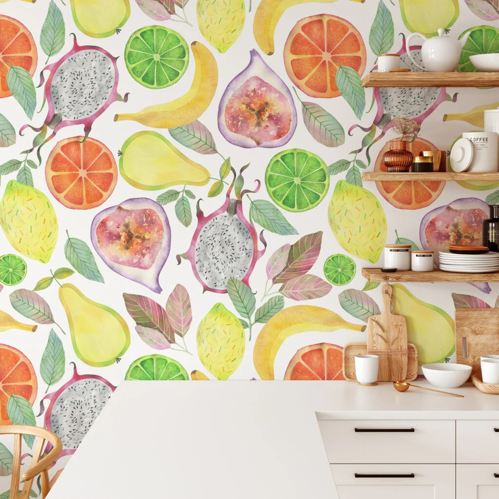 Watercolor Style Exotic Fruits Pattern Illustration Wallpaper, Juicy Delightful Fresh Fruit Peel & Stick Wall Mural