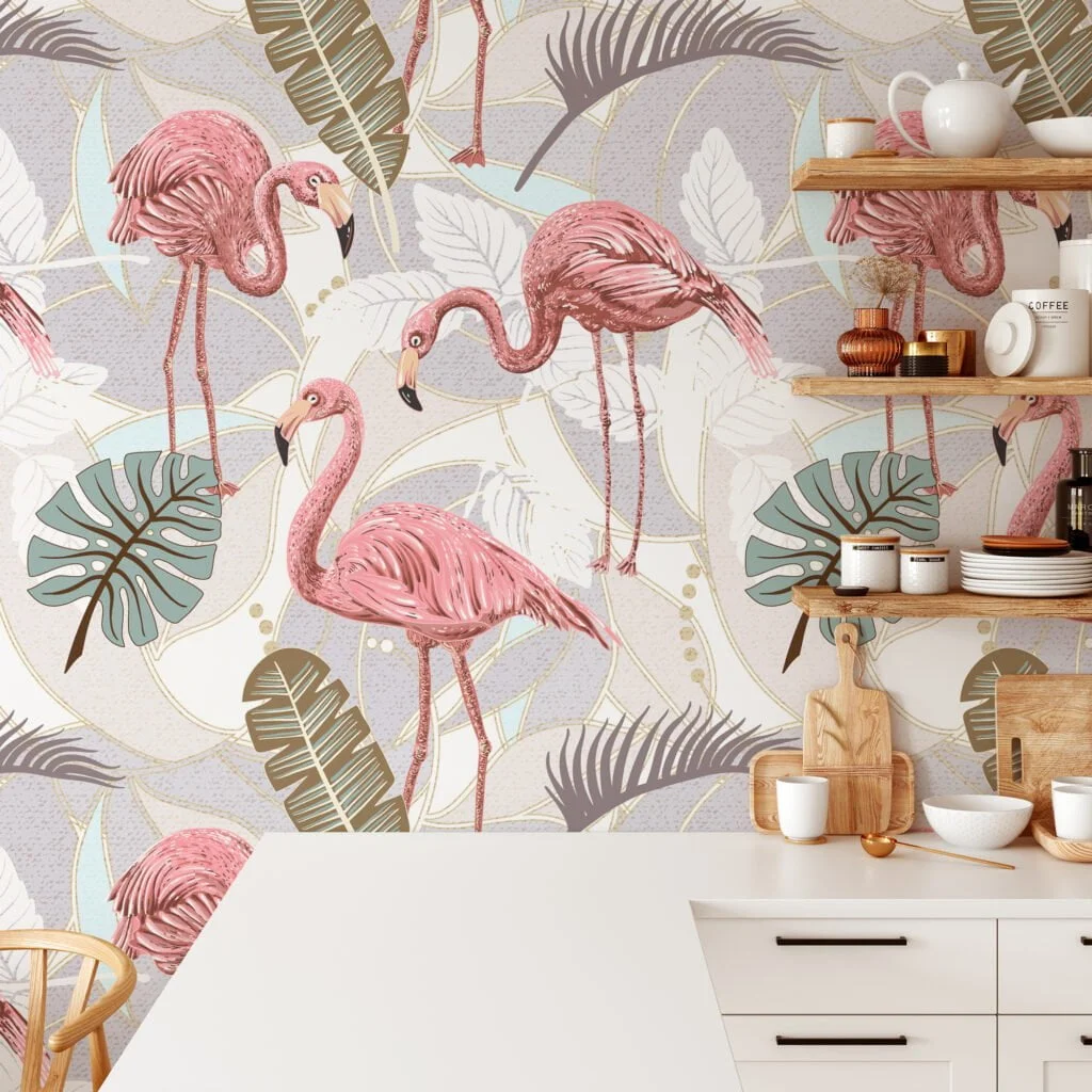 Leaves With Flamingos Illustration Wallpaper, Elegant Pink Flamingo & Palm Leaves Peel & Stick Wall Mural