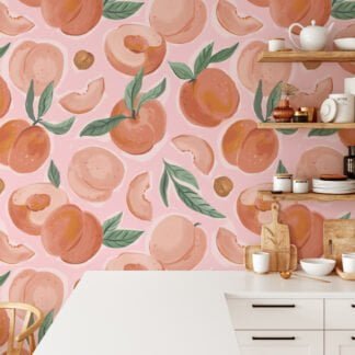 Peaches Pattern With Pink Background Wallpaper, Sweet Peach Fruit Peel & Stick Wall Mural