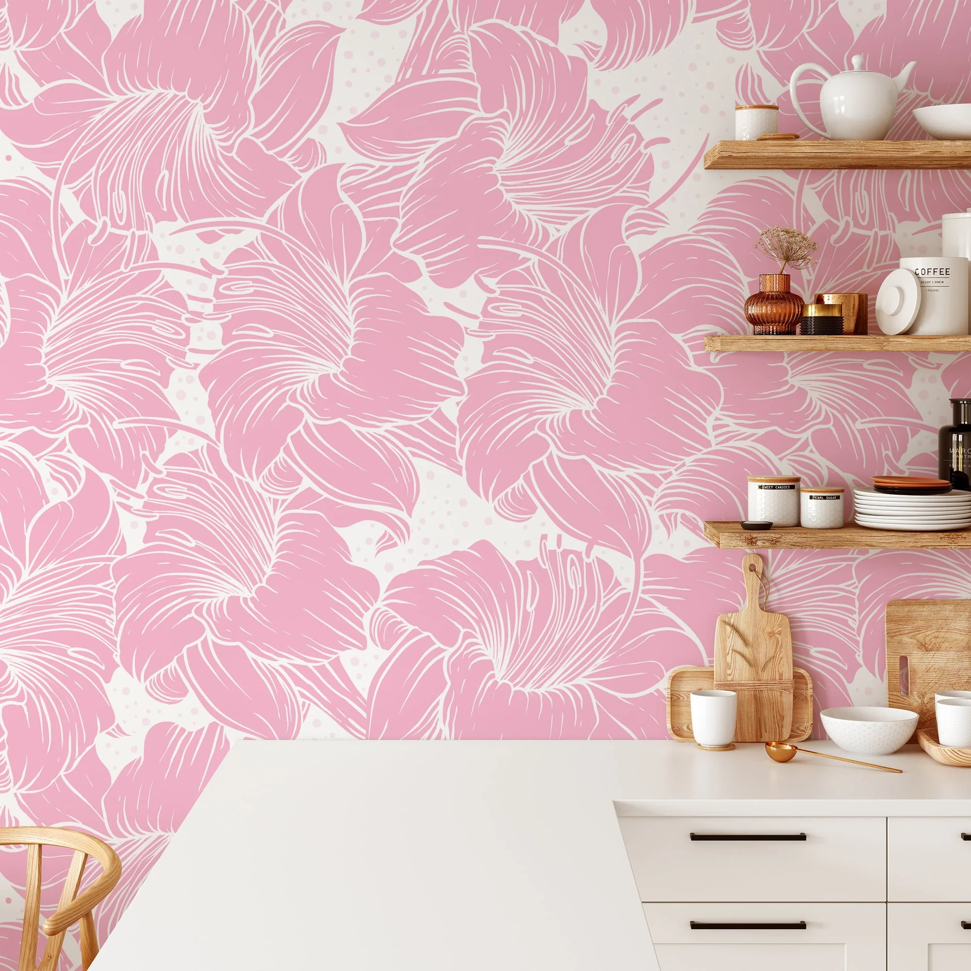 Large Pastel Pink Abstract Flowers Illustration Wallpaper, Elegant Soft Floral Peel & Stick Wall Mural