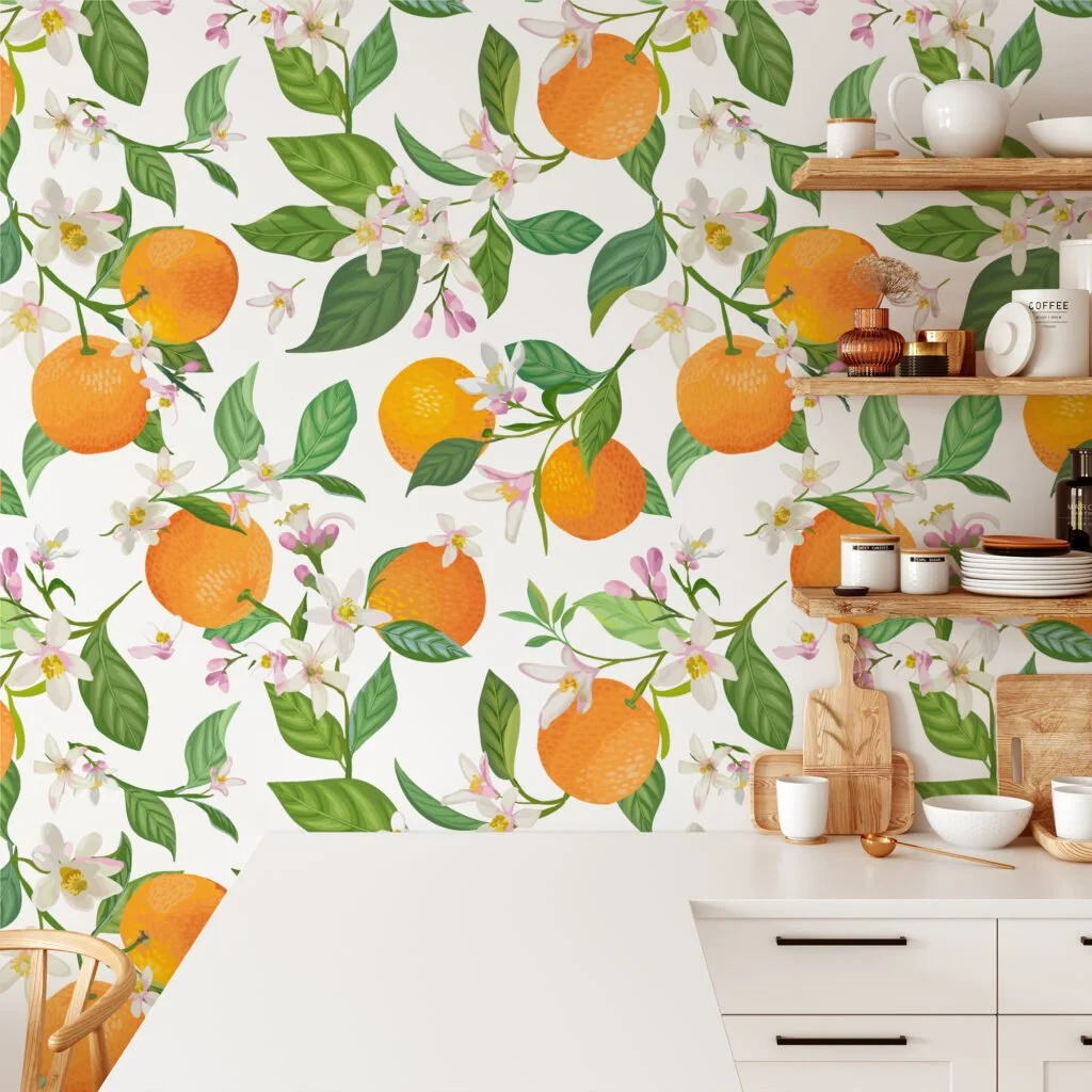 Oranges And Flowers Illustration Wallpaper, Fresh Oranges and Blossoms Design Peel & Stick Wall Mural