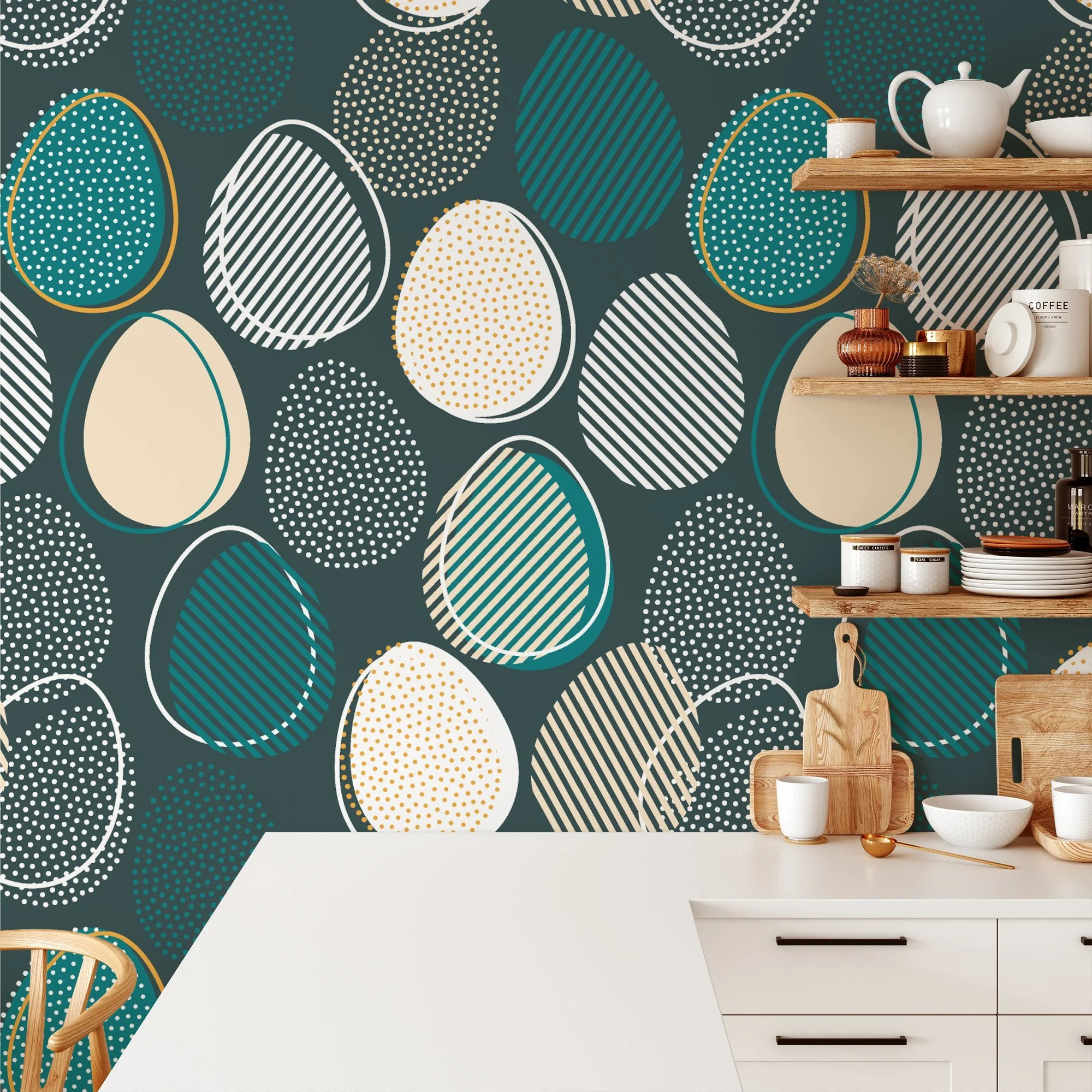 Teal Egg Shaped Abstract Illustration Wallpaper, Elegant Geometric Navy Peel & Stick Wall Mural