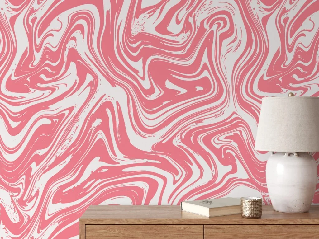 Peach Pink Swirl Design Illustration Wallpaper, Fluid Abstract Peel & Stick Wall Mural