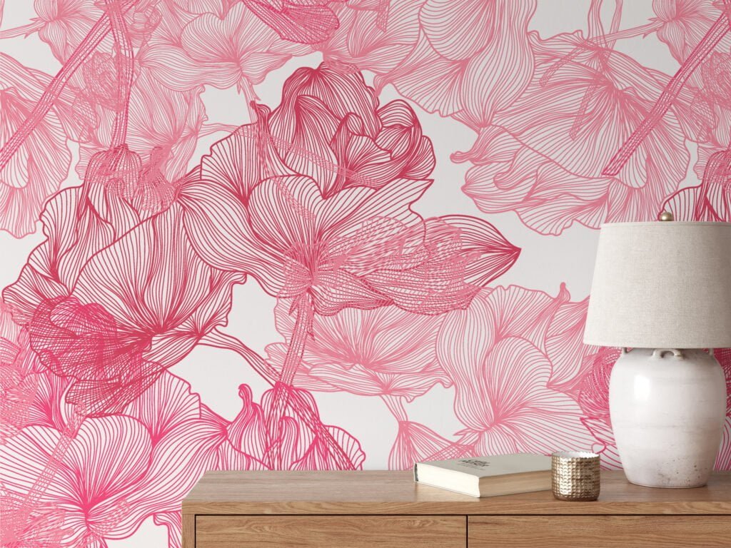 Large Pink Roses Line Art Wallpaper, Elegant Botanical Peel & Stick Wall Mural