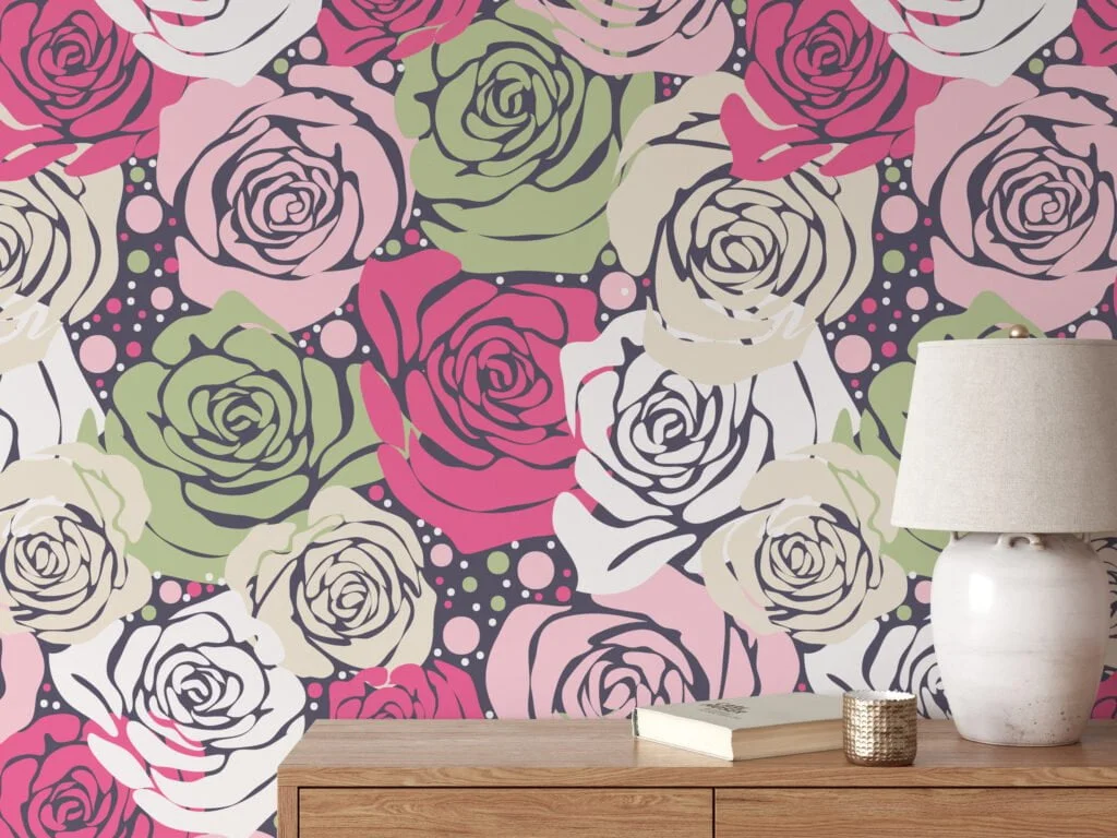 Abstract Roses Pattern Wallpaper, Playful and Retro-Inspired Peel & Stick Wall Mural