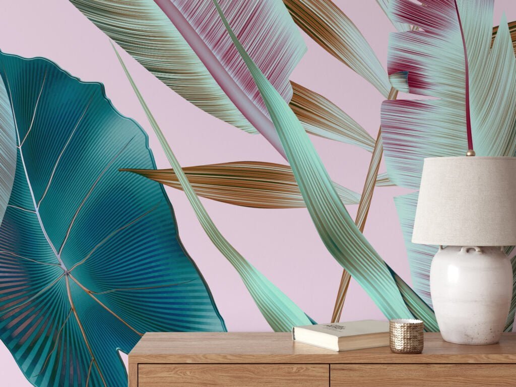 Large Tropical Leaves With A Pastel Pink Background Wallpaper, Tropical Escape Leaves Peel & Stick Wall Mural