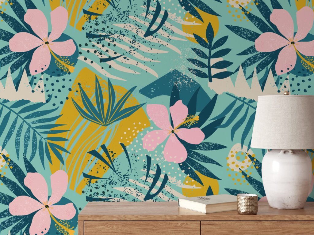 Floral Retro Blossoms and Leaves Flat Art Design Wallpaper, Chic Tropical Botanical Peel & Stick Wall Mural