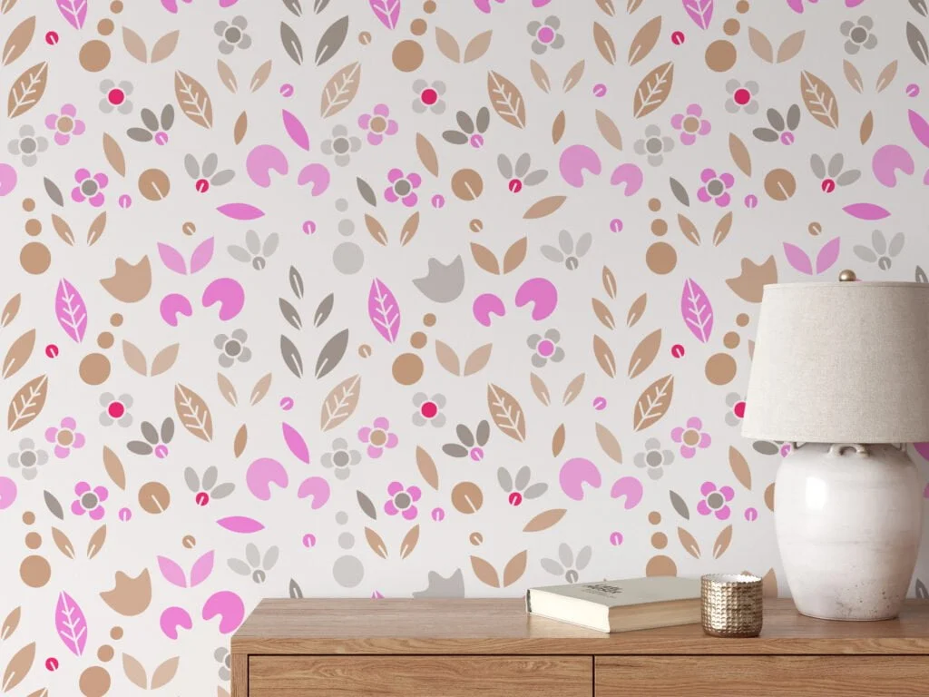 Flat Art Abstract Leaf Shapes Wallpaper, Modern Pink & Brown Nature Design Peel & Stick Wall Mural