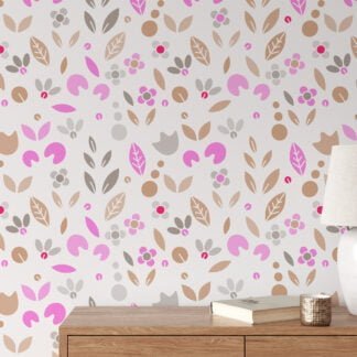 Flat Art Abstract Leaf Shapes Wallpaper, Modern Pink & Brown Nature Design Peel & Stick Wall Mural