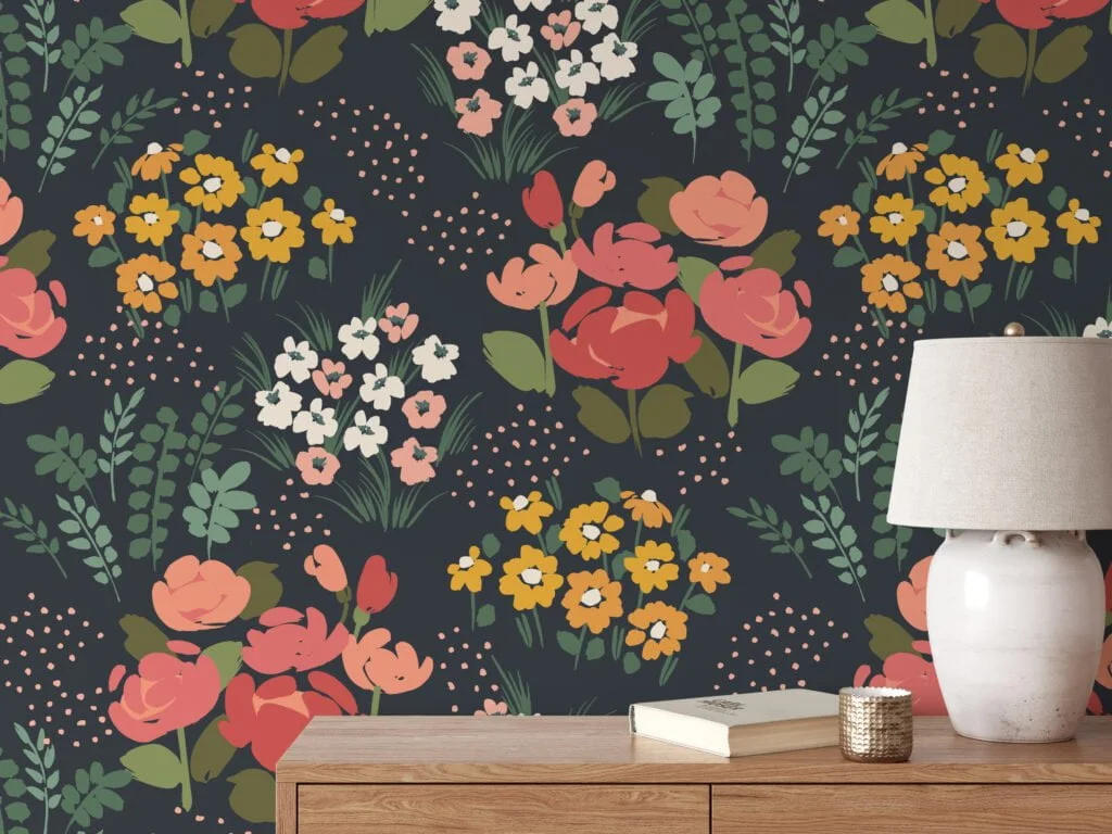 Midnight Flat Art Flowers And Bouquets Illustration Wallpaper, Vintage Bouquets On Black Peel & Stick Wall Mural