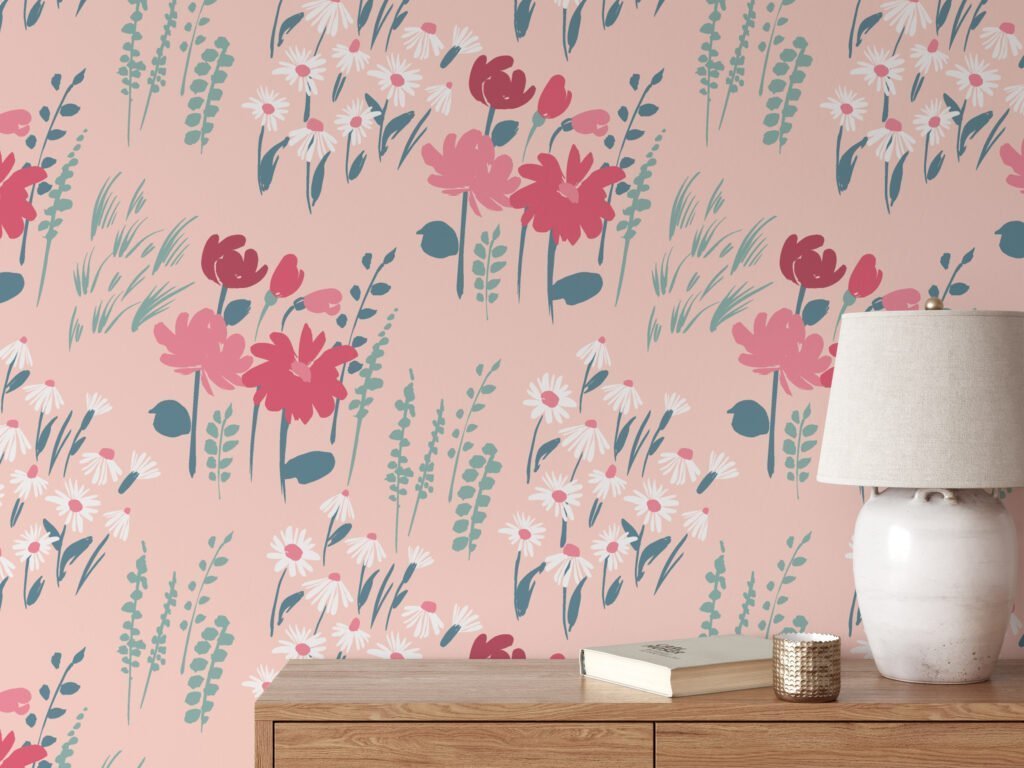 Pink Flat Art Flowers And Bouquets Illustration Wallpaper, Blushing Florals Peel & Stick Wall Mural