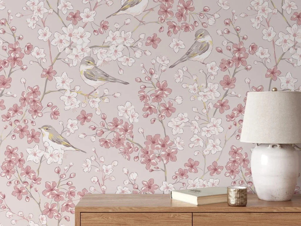 Pastel Pink Flower Design With Birds Illustration Wallpaper, Cherry Blossoms & Songbirds Peel & Stick Wall Mural