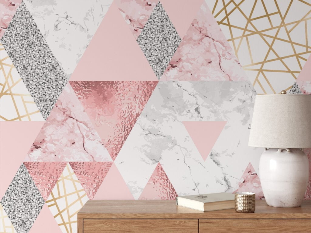 Grey And Pink Geometric Shaped Wallpaper With Frosted Texture Effect, Modern Triangular Peel & Stick Wall Mural