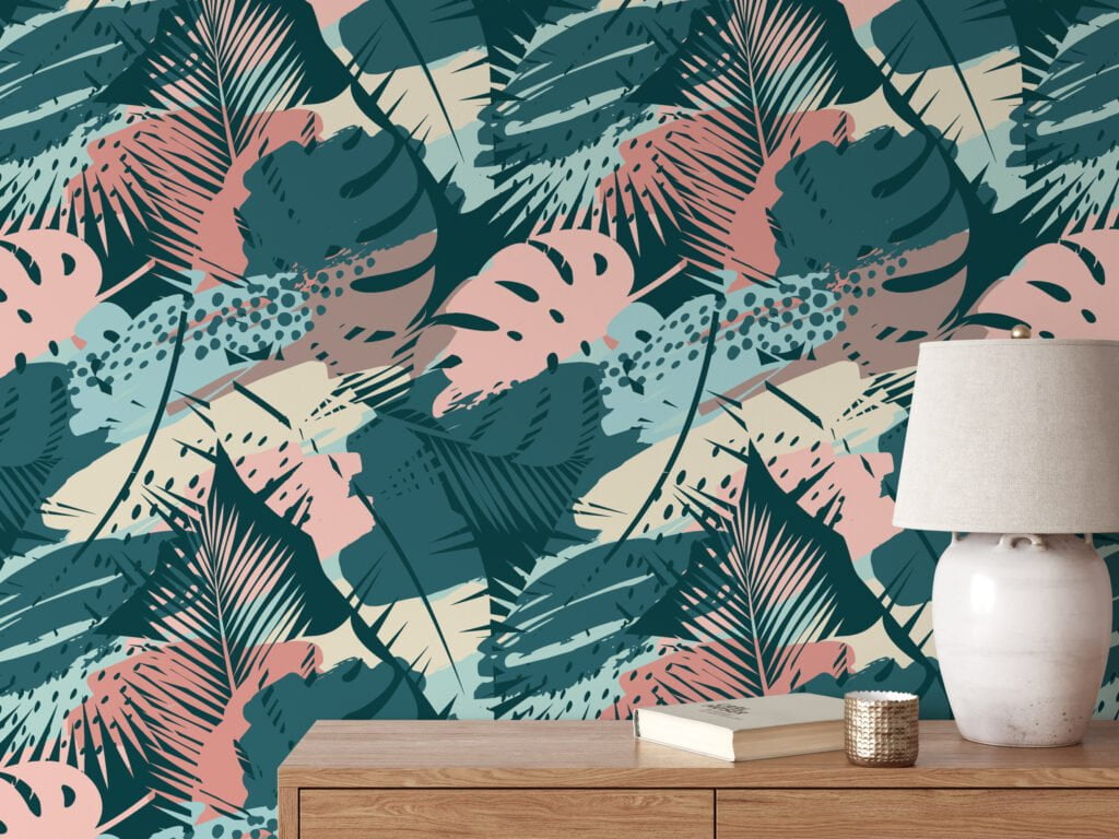 Botanical Silhouette Tropical Illustration Wallpaper, Chic Monstera Leaf Abstract Peel & Stick Wall Mural