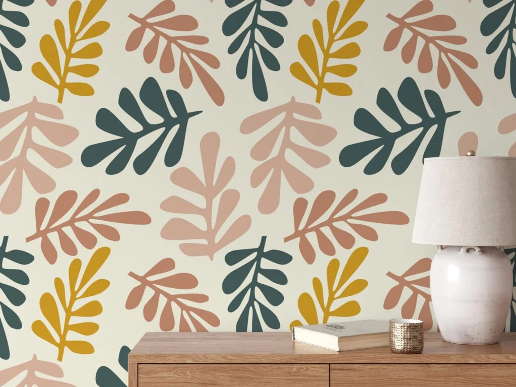 Abstract Boho Shaped Leaves Pattern Illustration Wallpaper, Soothing Leaf Pattern Peel & Stick Wall Mural