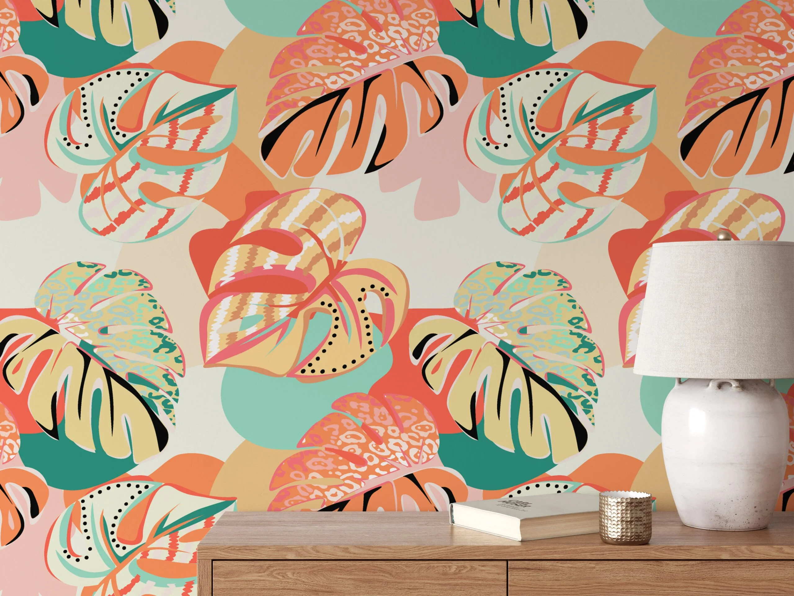 Colorful Monstera Leaves Abstract Illustration Wallpaper, Tropical Sunset Monstera Pattern Peel & Stick Wall Mural