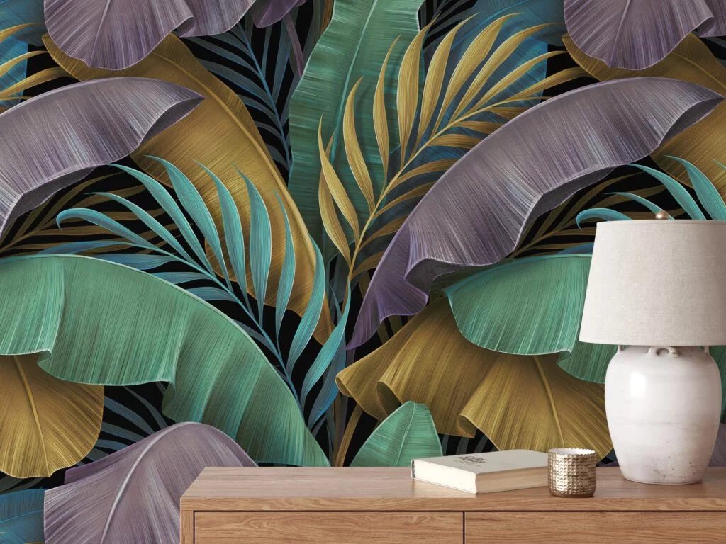 Large Colorful Tropical Leaves With A Dark Background Wallpaper, Luxe 3D Tropical Peel & Stick Wall Mural