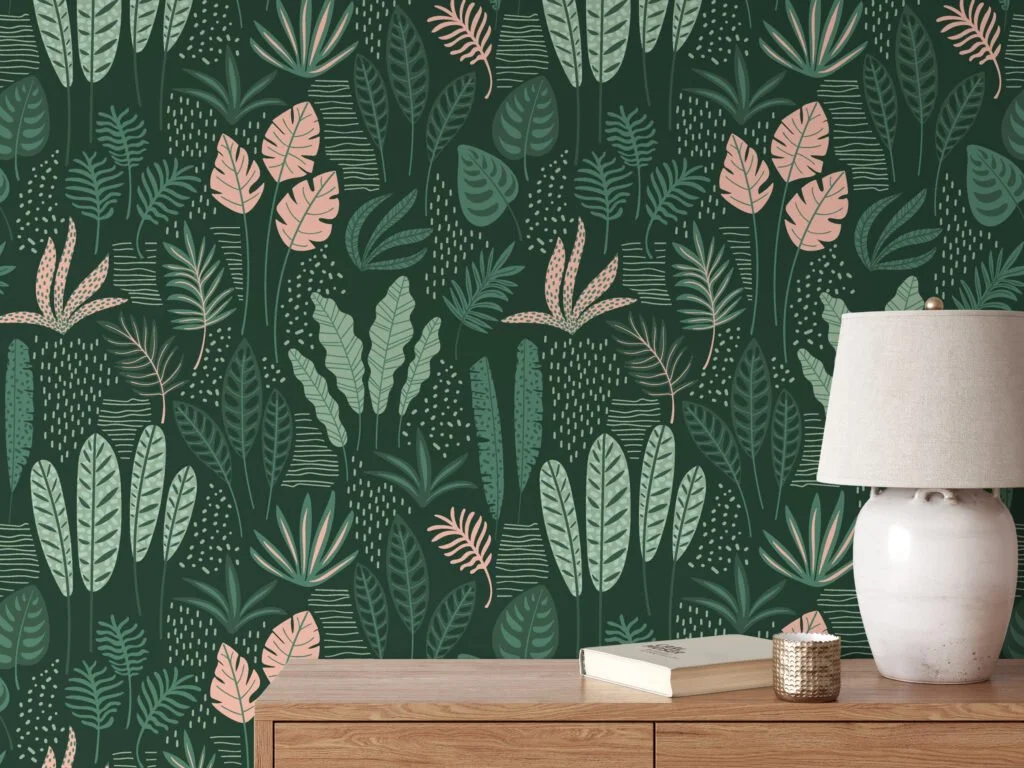 Flat Art Green Leaves And Branches Illustration Wallpaper, Chic Tropical Leaf Design Peel & Stick Wall Mural