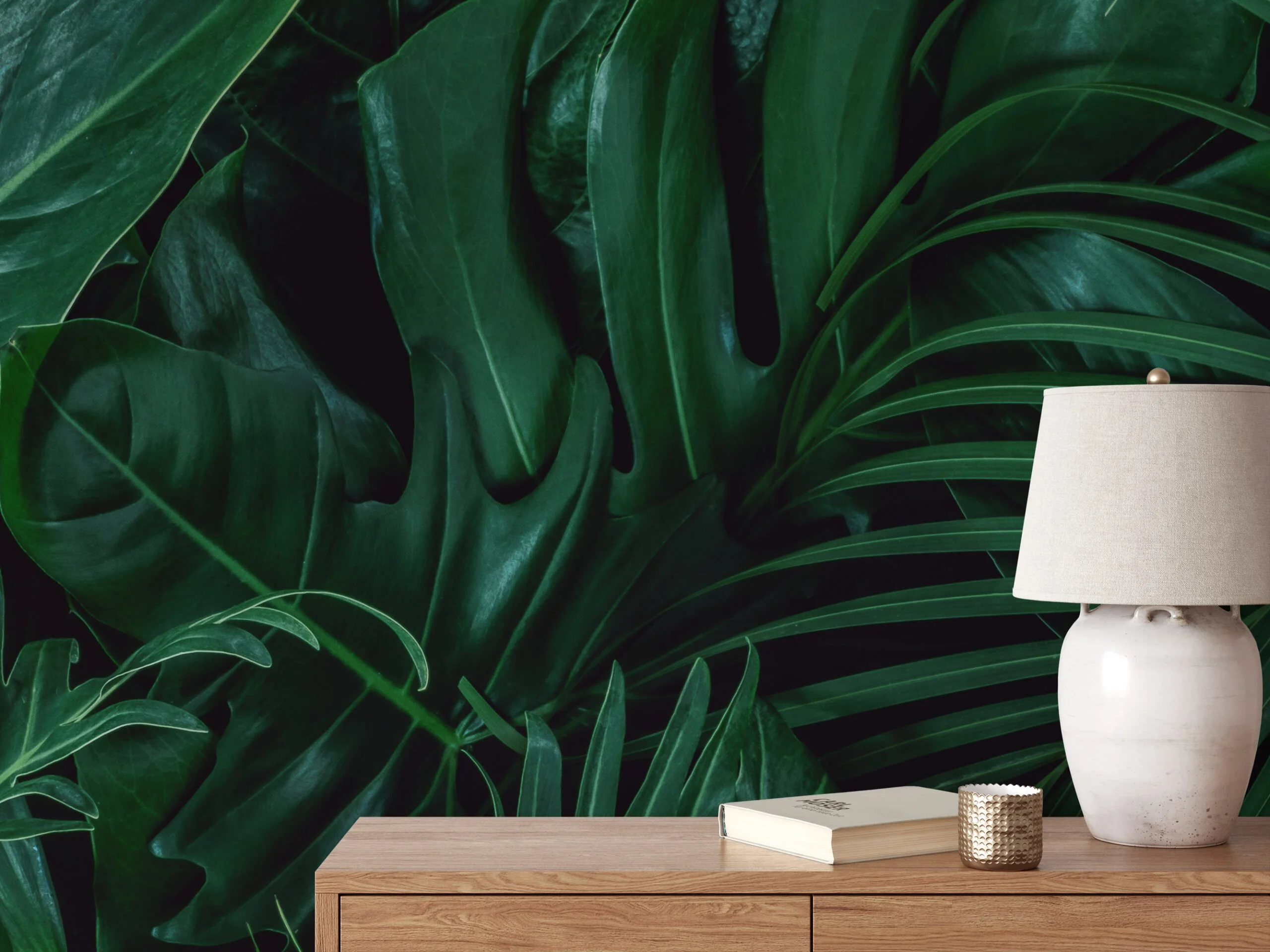 Large Dark Green Tropical Leaves Wallpaper, Lush Botanical Peel & Stick Wall Mural