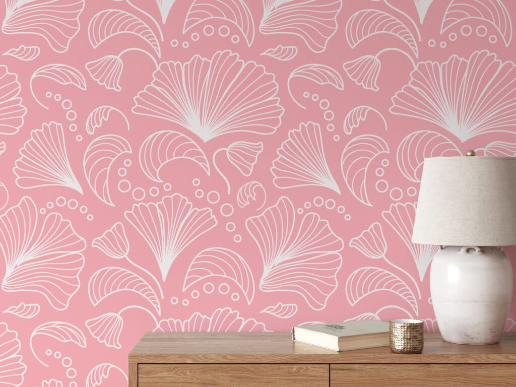 Abstract White Shells Line Art With A Pink Background Wallpaper, Charming Pink Seashell Peel & Stick Wall Mural