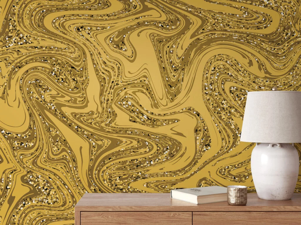 Sparkly Gold Yellow Marble Illustration Wallpaper, Abstract Liquid Gold Swirl Peel & Stick Wall Mural