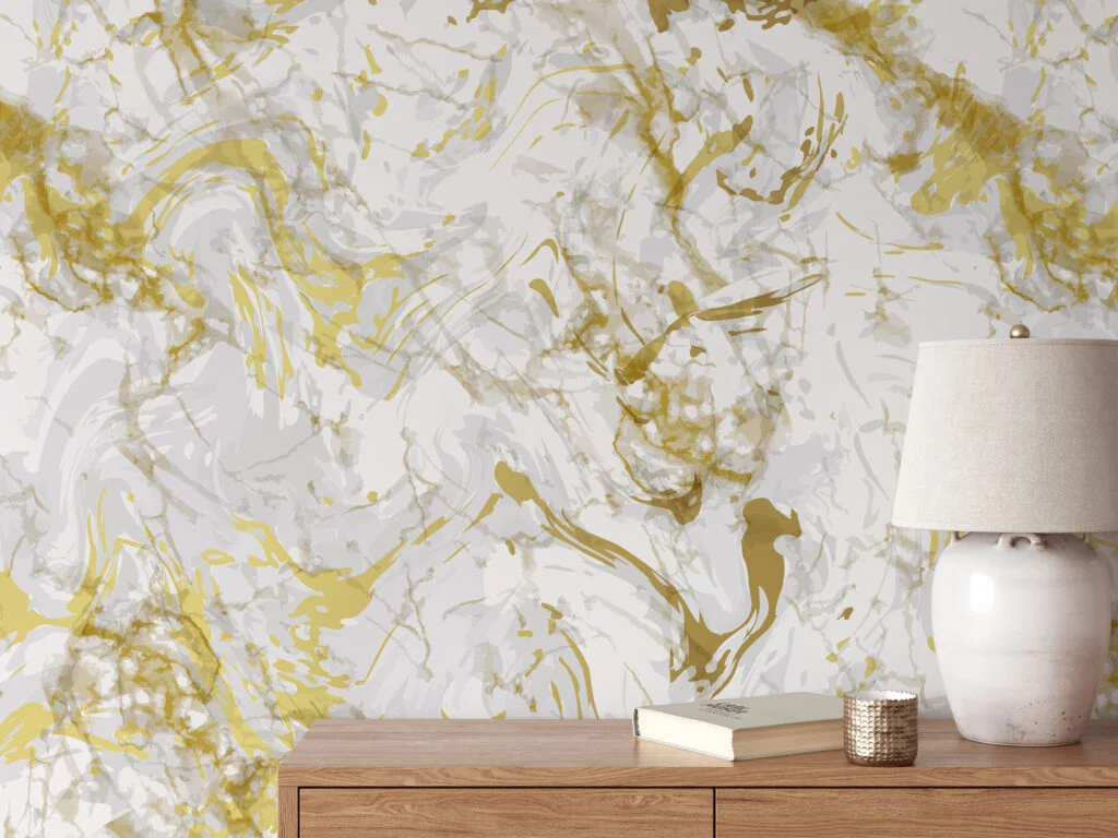 Abstract White And Gold Marble Illustration Wallpaper, Gold Splatter On White Peel & Stick Wall Mural
