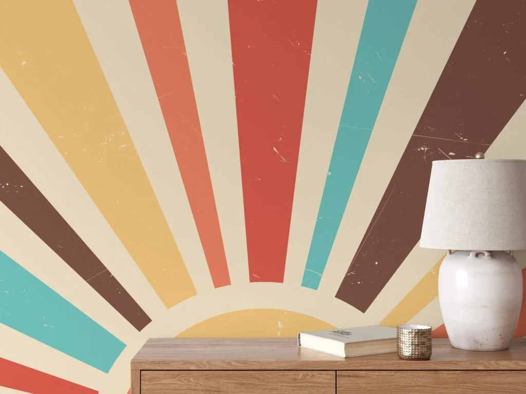 Colorful Retro Sunset Illustration Wallpaper, Abstract Sunbeam Pattern Peel & Stick Wall Mural